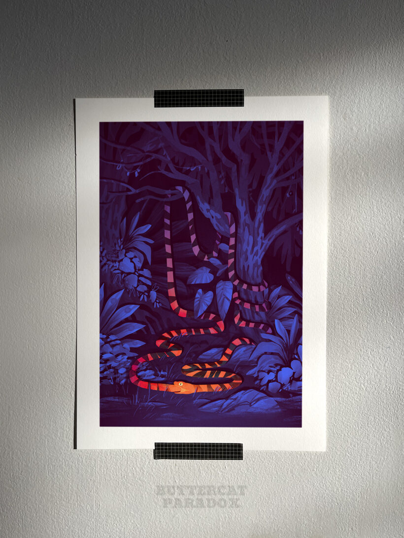Art print of Uroboros, serpent symbolizing infinity. Bright red or blue variations.