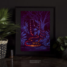 Art print of Uroboros, serpent symbolizing infinity. Bright red or blue variations.