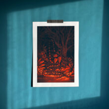 Art print of Uroboros, serpent symbolizing infinity. Bright red or blue variations.