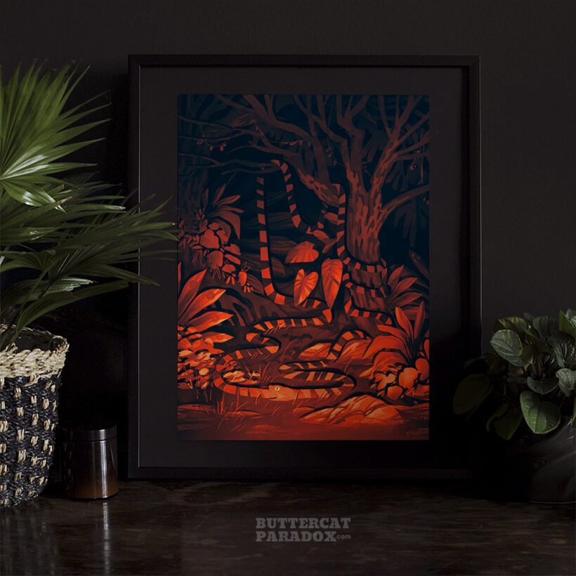 Art print of Uroboros, serpent symbolizing infinity. Bright red or blue variations.