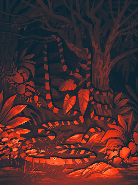 Art print of Uroboros, serpent symbolizing infinity. Bright red or blue variations.