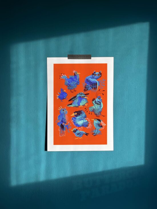 Illustration of fictional blue birds on a bright red background. Art print mockup
